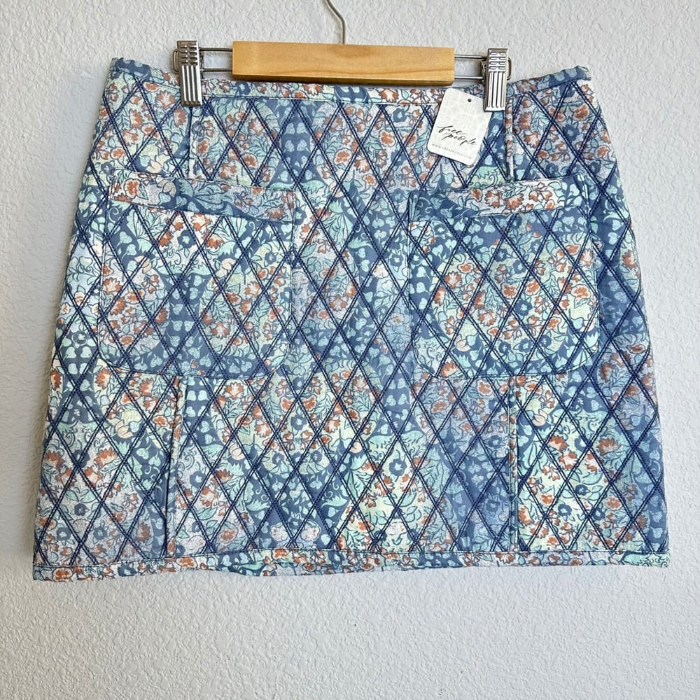 Free People Darla Blue Tapestry Quilted Mini Skirt Blue Floral OB2071532 sz 12‎